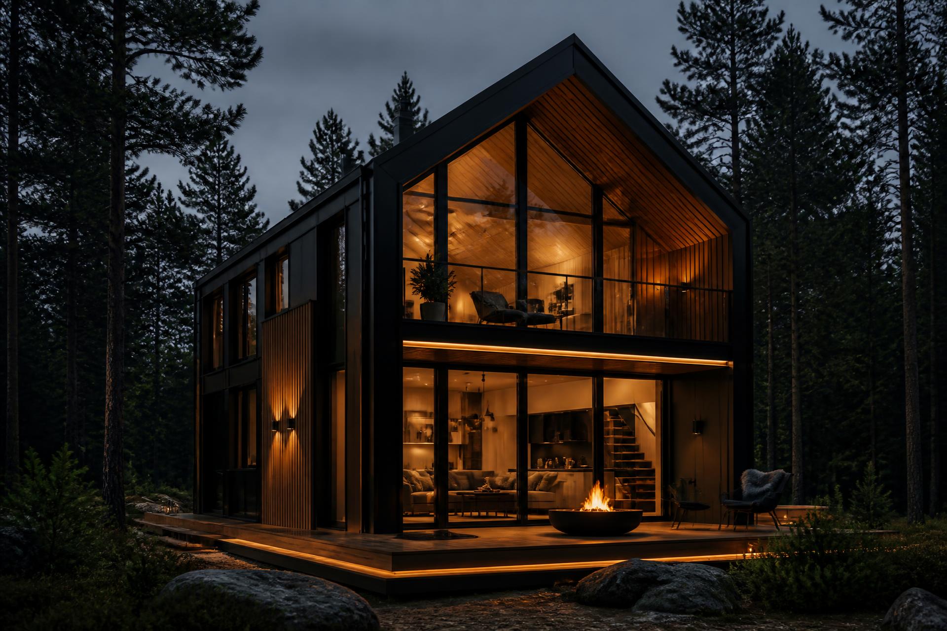 Chalé moderno MovHouse iluminado ao anoitecer em meio à floresta